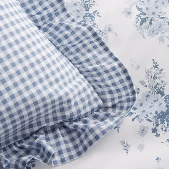 Floral Cushion with Frilled Edges - Blue, Cotton