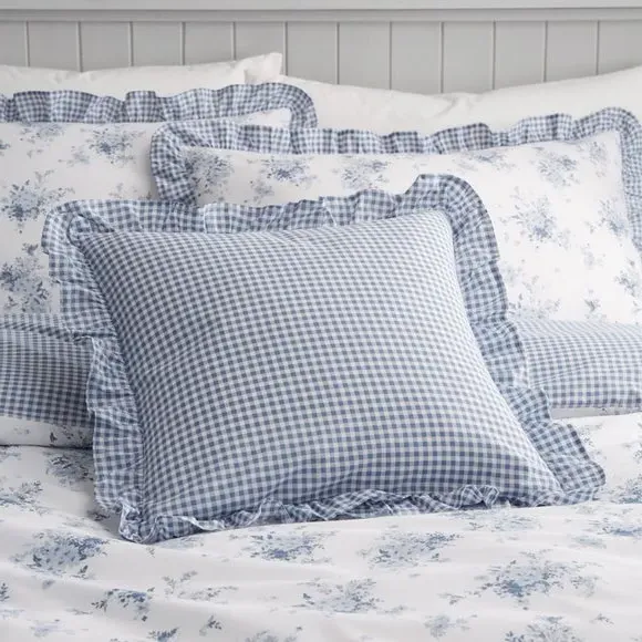 Floral Cushion with Frilled Edges - Blue, Cotton image