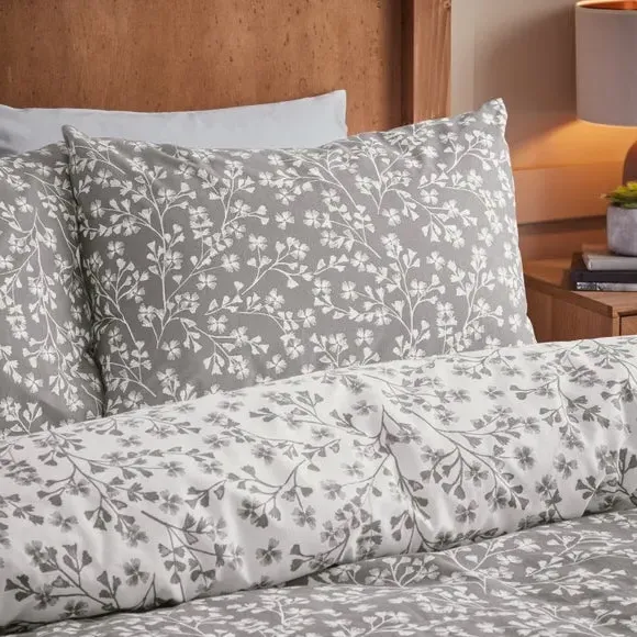 Floral Duvet Cover Set - Grey, Brushed Cotton