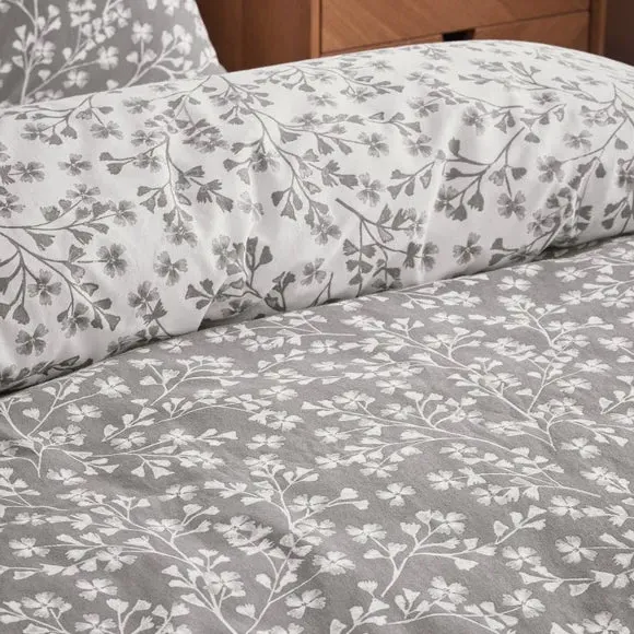 Floral Duvet Cover Set - Grey, Brushed Cotton