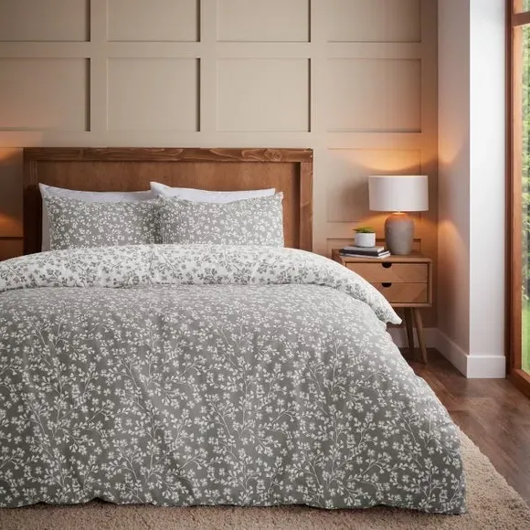 Floral Duvet Cover Set - Grey, Brushed Cotton