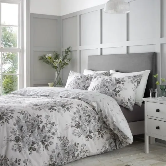 Floral Duvet Cover Set - Grey, Polycotton
