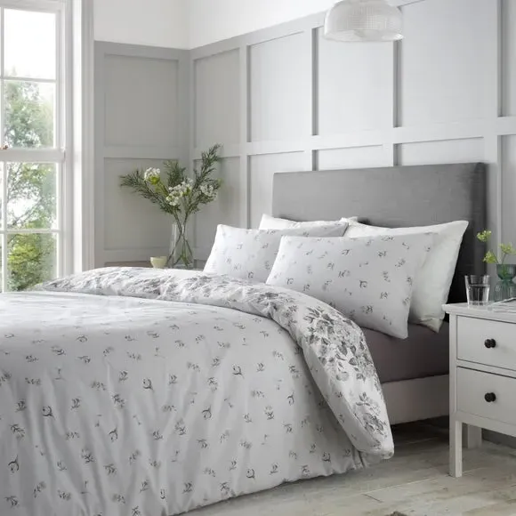 Floral Duvet Cover Set - Grey, Polycotton