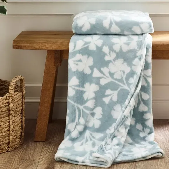 Floral Fleece Throw Blanket - Duck Egg, Polyester image