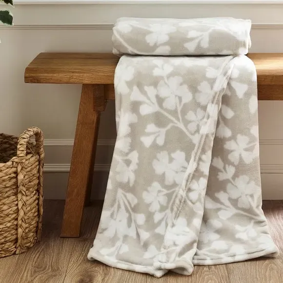 Floral Fleece Throw Blanket - Natural, Polyester