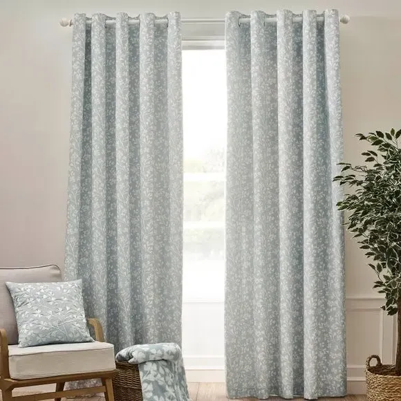 Floral Pencil Pleat Curtains - Duck Egg, Cotton