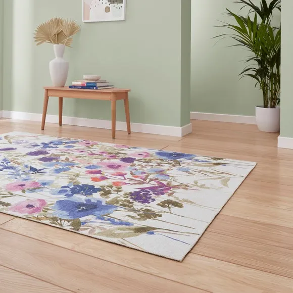 Floral Rug with Watercolour Design - Purple