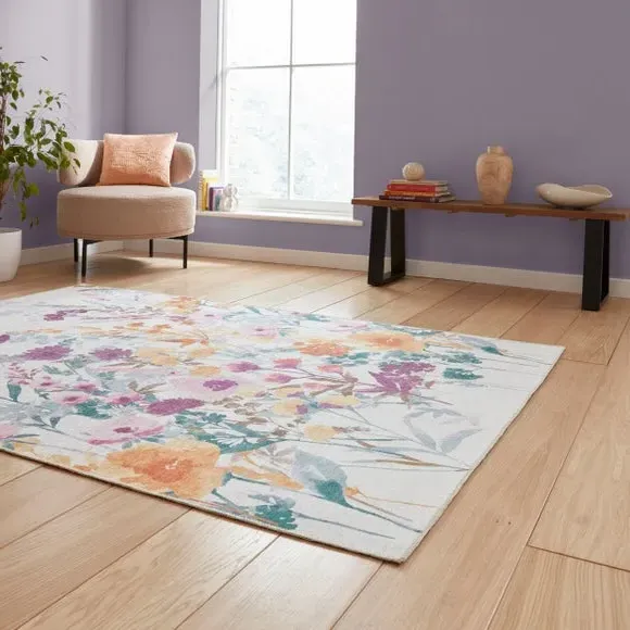 Floral Rug with Watercolour Design - Yellow
