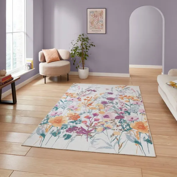 Floral Rug with Watercolour Design - Yellow