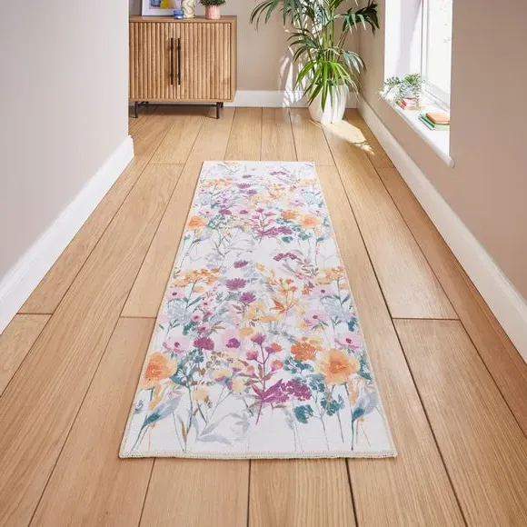 Floral Runner Rug - Yellow, Watercolour Print