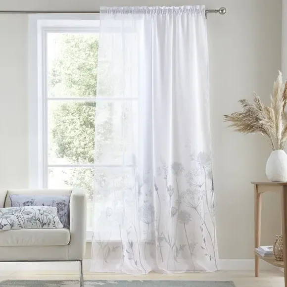 Floral Slot Top Voile Panel - White, Polyester image