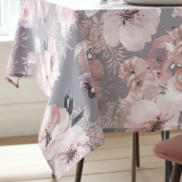 Floral Tablecloth with Wipe Clean - Grey, Cotton