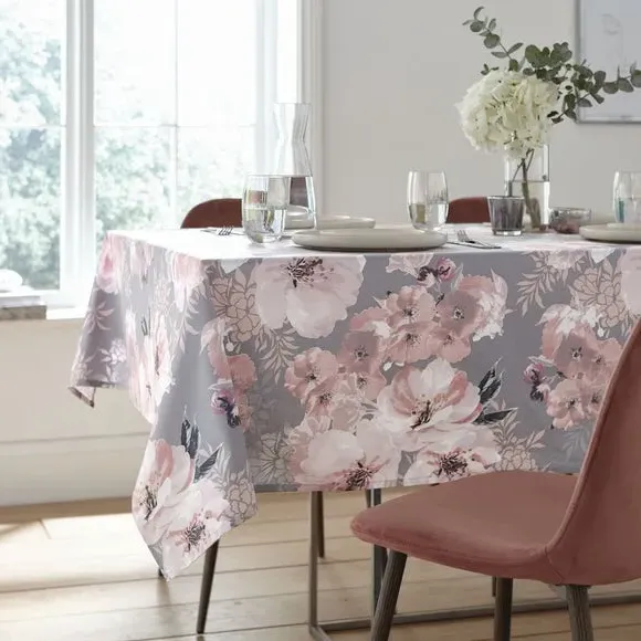 Floral Tablecloth with Wipe Clean - Grey, Cotton