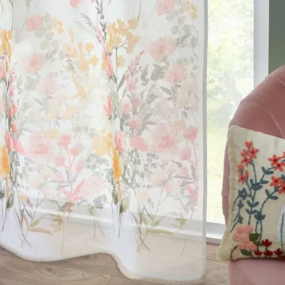 Floral Voile Panel with Slot Top - White