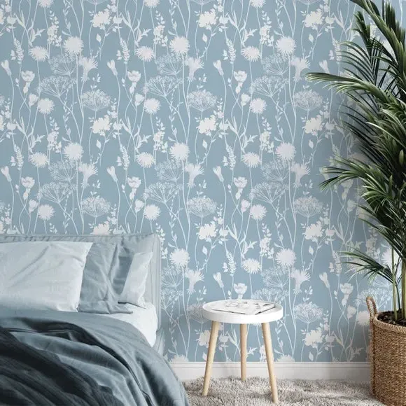 Floral Wallpaper with Matte Finish - Blue