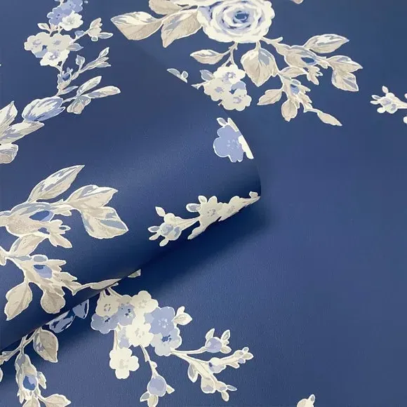 Floral Wallpaper with Matte Finish - Blue