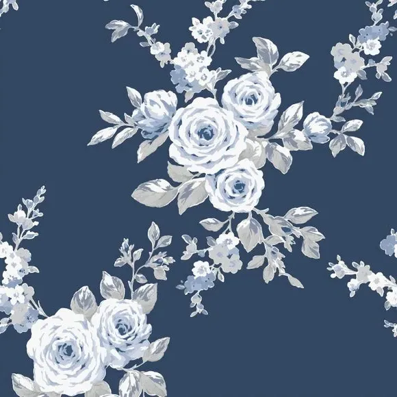 Floral Wallpaper with Matte Finish - Blue