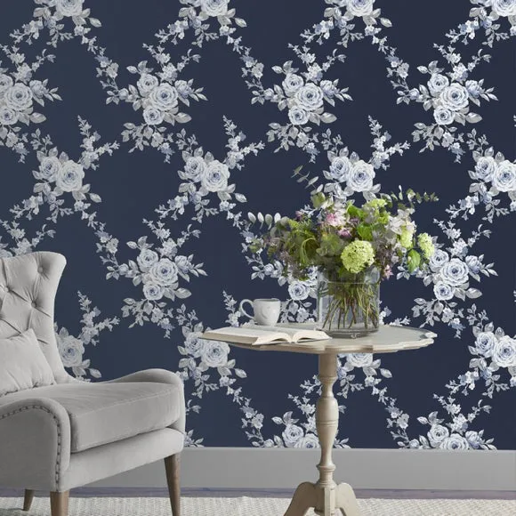 Floral Wallpaper with Matte Finish - Blue