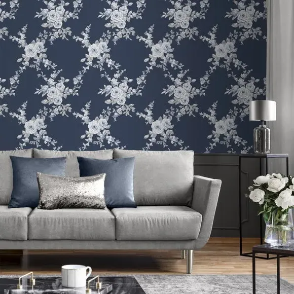 Floral Wallpaper with Matte Finish - Blue image