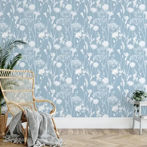 Floral Wallpaper with Matte Finish - Blue image