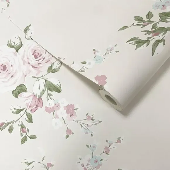 Floral Wallpaper with Matte Finish - Cream