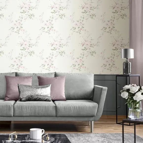 Floral Wallpaper with Matte Finish - Cream