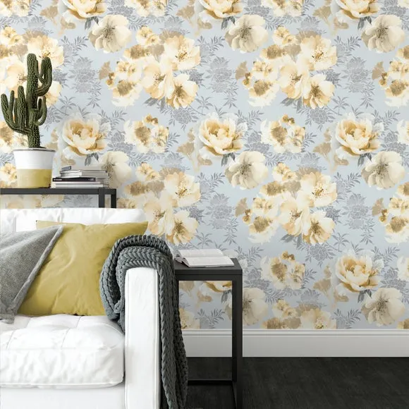 Floral Wallpaper with Matte Finish - Ochre