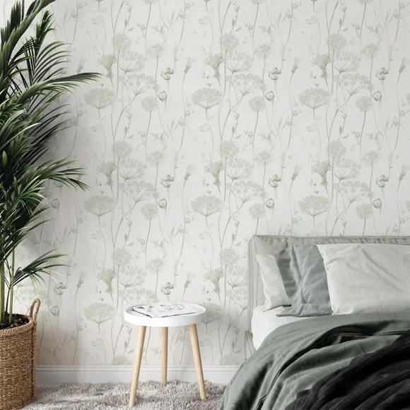 Floral Wallpaper with Matte Finish - Sage