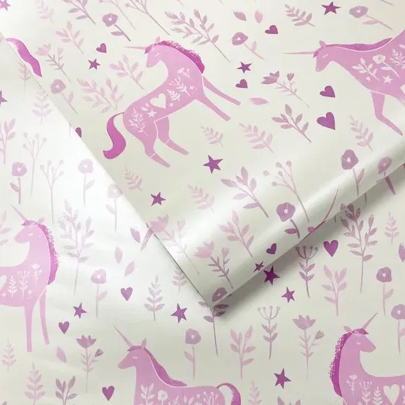 Folk Unicorn Wallpaper - Pink, Matte Finish