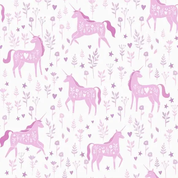 Folk Unicorn Wallpaper - Pink, Matte Finish