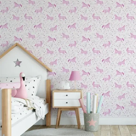 Folk Unicorn Wallpaper - Pink, Matte Finish
