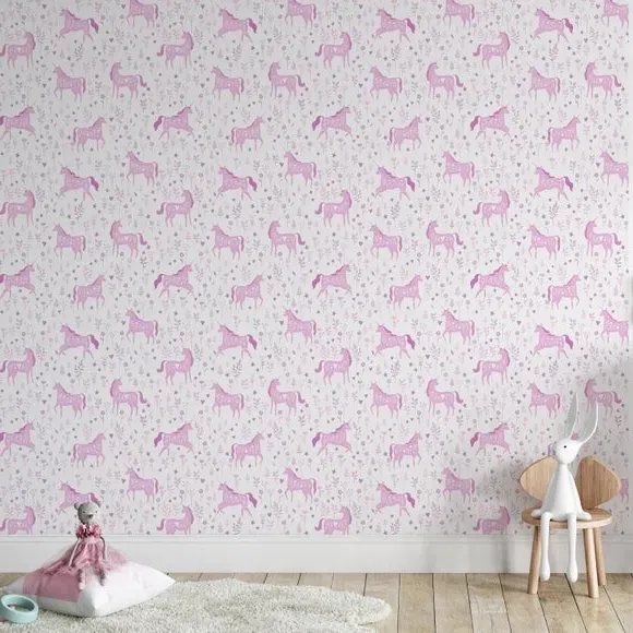 Folk Unicorn Wallpaper - Pink, Matte Finish image