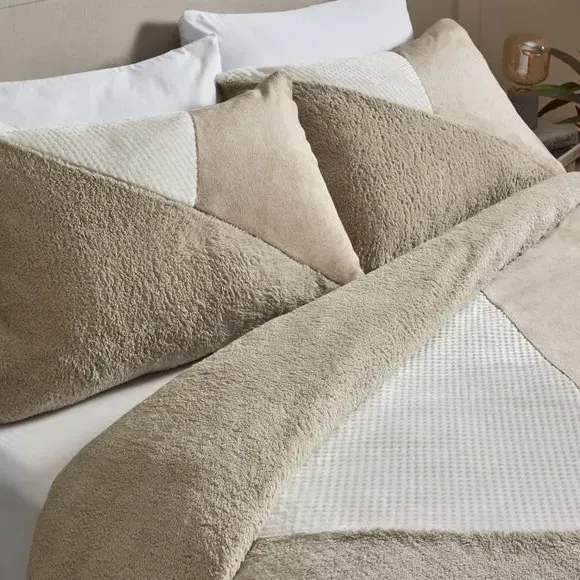 Geo Fleece Duvet Cover Set - Grey, Polyester