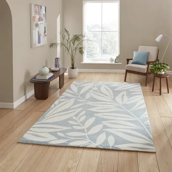 Hand-Carved Rug with Leaves Pattern - Blue