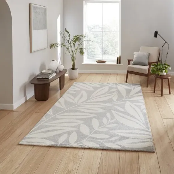 Hand-Carved Rug with Leaves Pattern - Grey