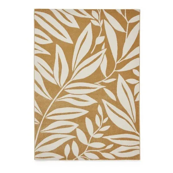 Hand-Carved Rug with Leaves Pattern - Ochre