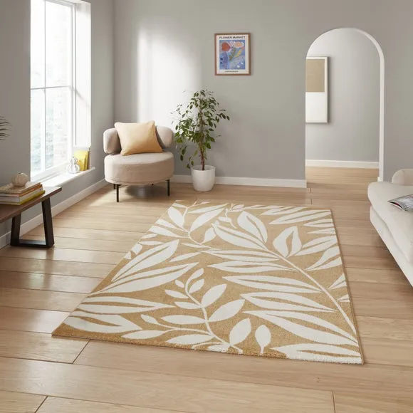 Hand-Carved Rug with Leaves Pattern - Ochre