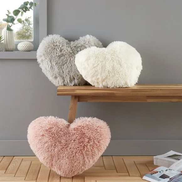 Heart Cushion with Faux Fur - Silver, Polyester