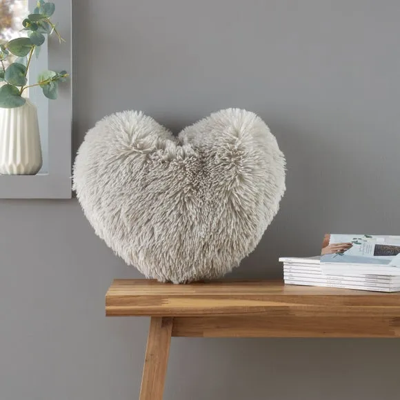 Heart Cushion with Faux Fur - Silver, Polyester