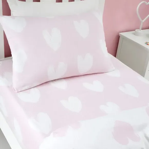 Hearts Fitted Sheet - White, Brushed Cotton