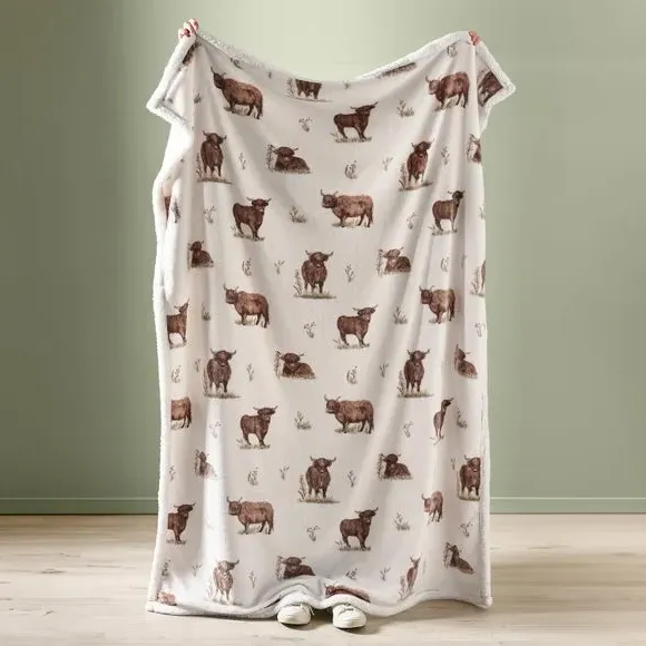 Highland Cow Throw Blanket - Natural, Fleece