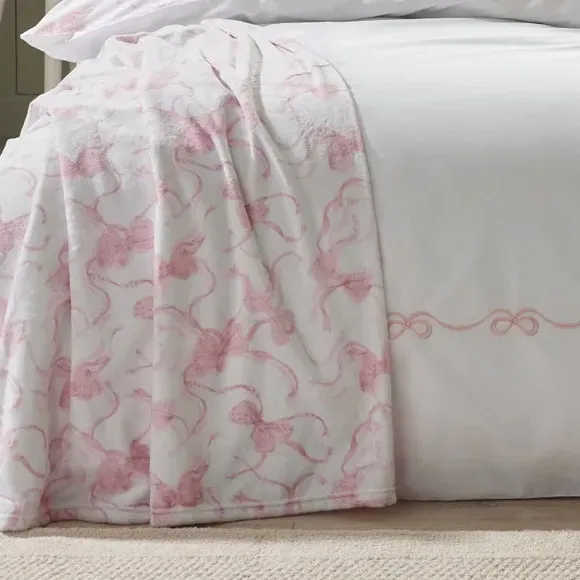 Oversized Throw Blanket with Bow Design - Pink, Fleece