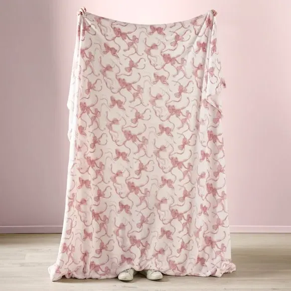 Oversized Throw Blanket with Bow Design - Pink, Fleece