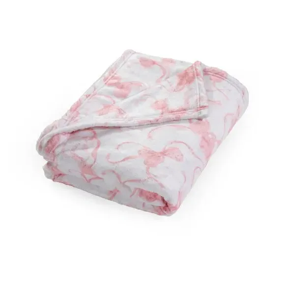 Oversized Throw Blanket with Bow Design - Pink, Fleece