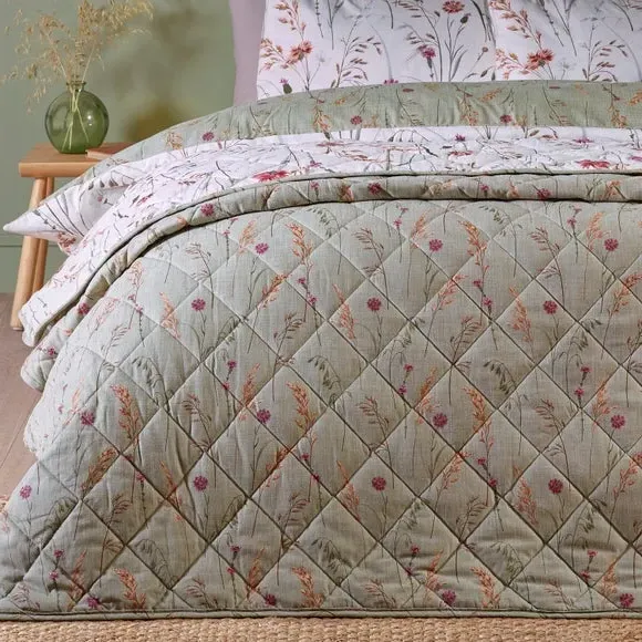 Quilted Bedspread Floral Design - Green, Cotton