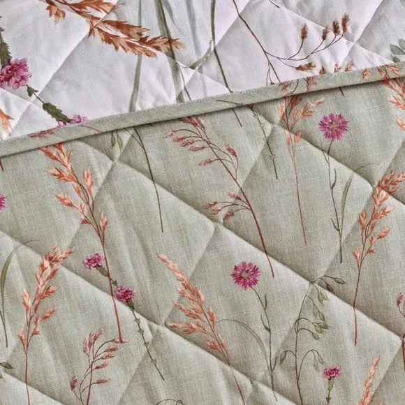 Quilted Bedspread Floral Design - Green, Cotton