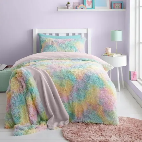 Rainbow Cuddly Duvet Cover Set - Pink, Polycotton