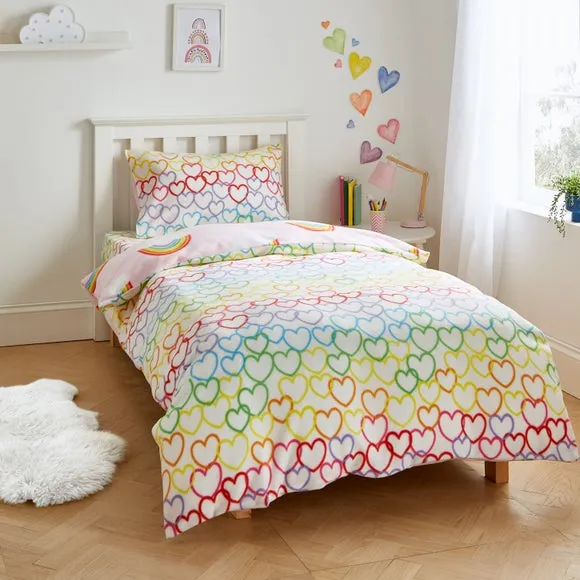 Rainbow Hearts Duvet Set Reversible - Pink, Fleece