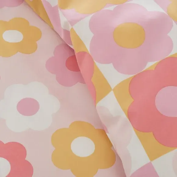Retro Daisy Duvet Cover Set - Pink, Polycotton
