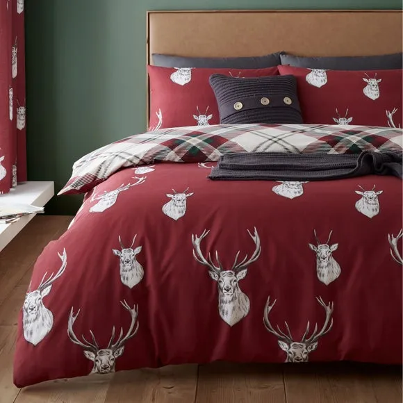 Reversible Duvet Cover Set - Dark Red, Stag Print